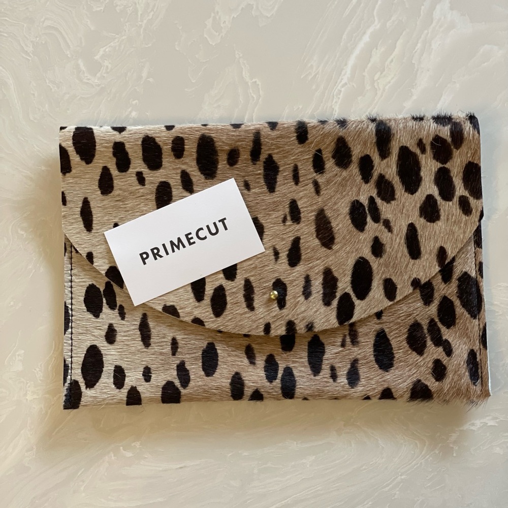 NWT Cowhide Carmel and Spotted Brown Envelope Clutch Purse by Primecut